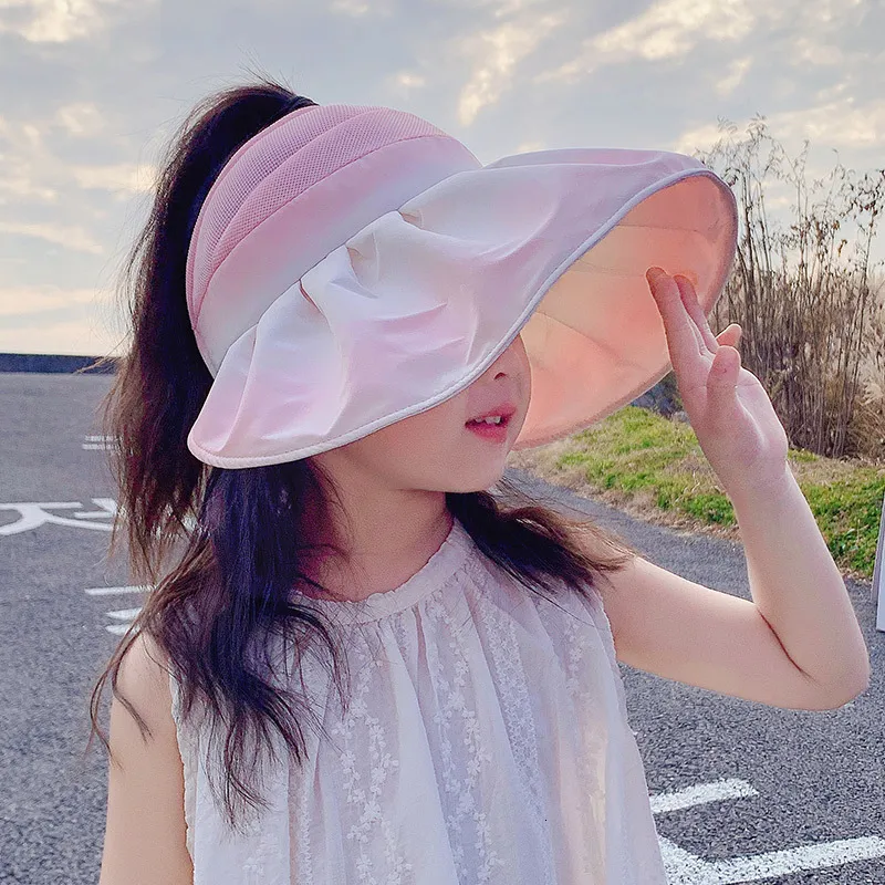 Caps Hats Children Sun Visor Cap for Girls Spring Summer UPF 50 Kids Aged 310 Gradient Color Shells Ponytail Empty Top Hat 230508