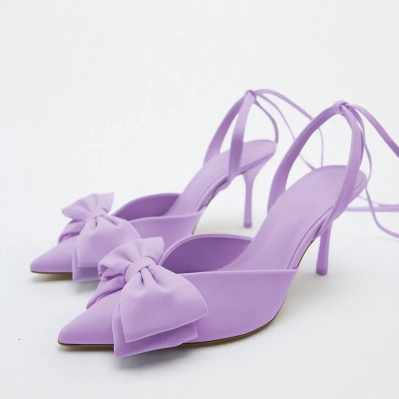 Sandały Traf za Women's High Obcasy Sandały Purple Bow Slingback Kobiety Pumps Paski kostki sztyletowe butę na wysokim obcasie Summer 230508