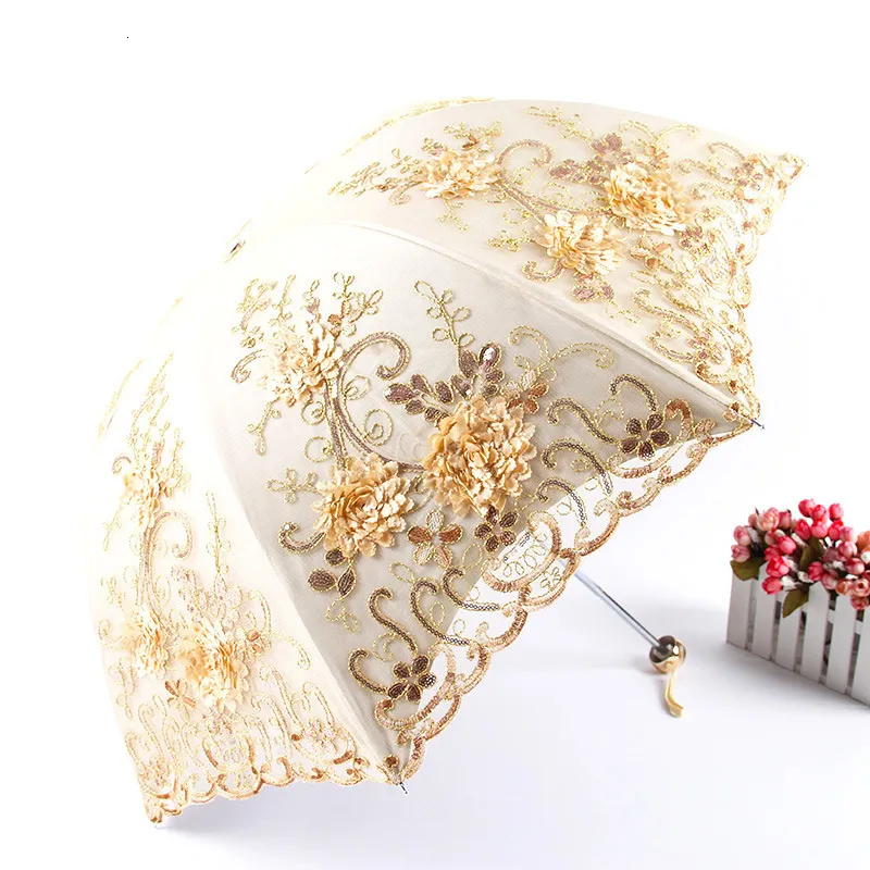 Guarda -chuvas moda vintage bordada renda dobrável Princesa guarda