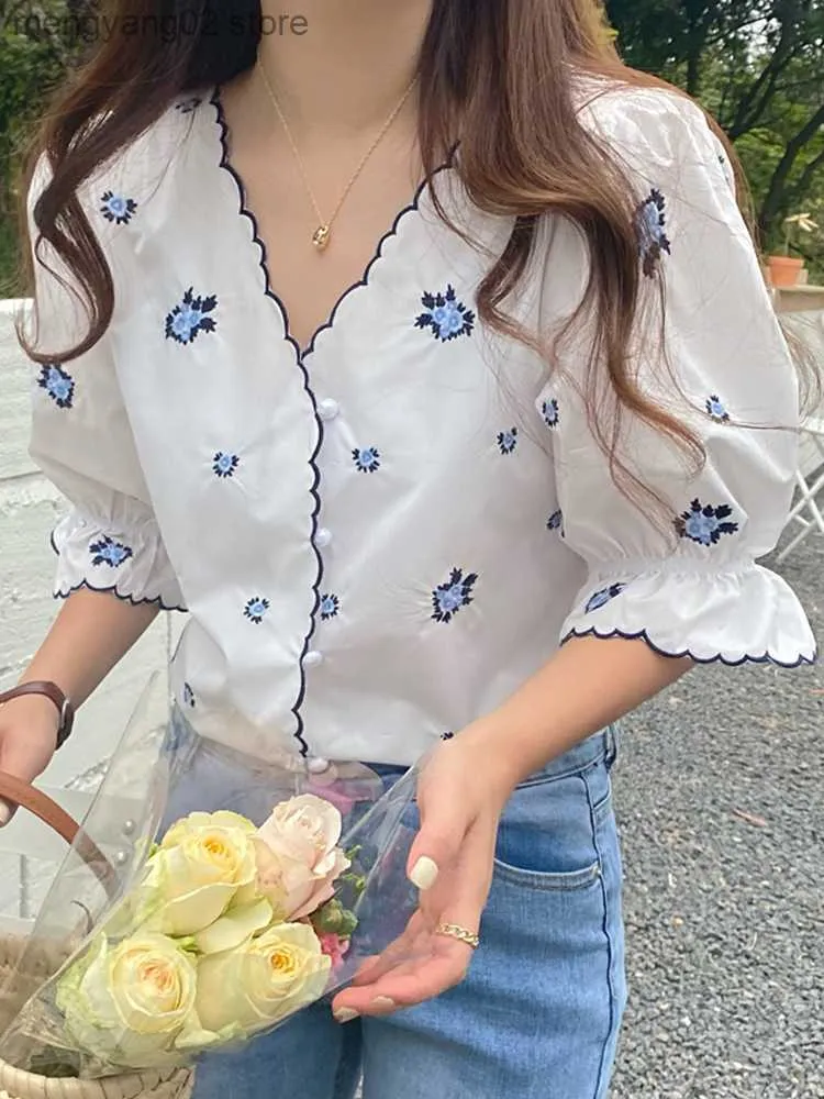 Women's Blouses Shirts French Blue Pastoral Women Shirt Blouse Embroidered Floral V Neck Short Sleeve Pearl Button Up Ladies Shirt Summer Tops 2022 T230508