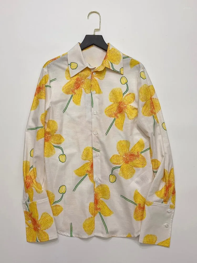 Damenblusen 2023 Herbst und Winter Revers Gelb Blumendruck Damen Casual Langarm Shirt Top