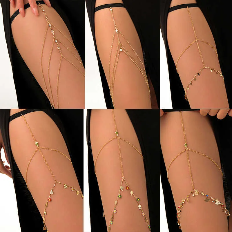 سلاسل البطن 2023 نيو نساء بوهيميان سلسلة الفخذ سلاسل نجوم بسيطة للنساء doublelayer metal bodychain الأزياء الفخذ مجوهرات الساق cha Z0508