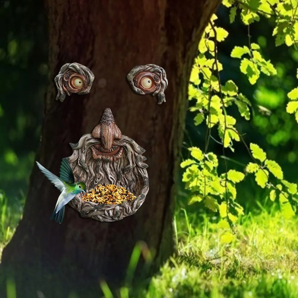 給餌鳥の餌箱の輝く木の顔樹脂の置物装飾的な装飾ガーデン装飾屋外鳥浴場鳥の餌箱ペンダント