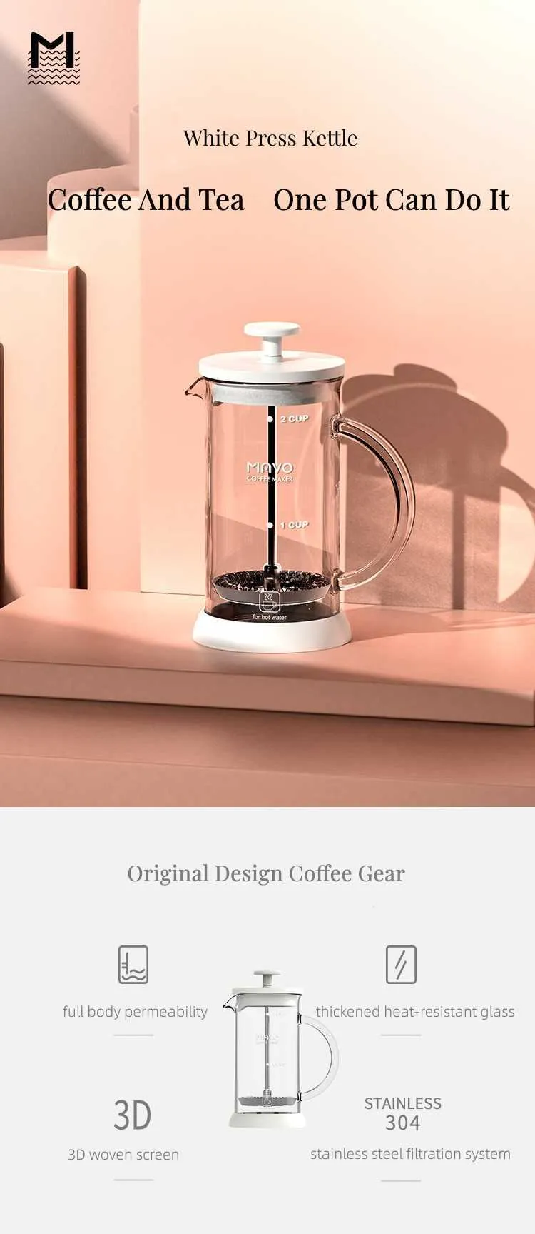 Cafetière à café manuelle Filtre à main en acier inoxydable en verre avec  filtre