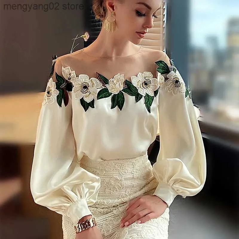 Women's Blouses Shirts Luxury Vintage Floral Embroidery Women Full Lantern Sleeve Short Chiffon Blouse Party Shirts Woman Tunic Blouses Tops T230508