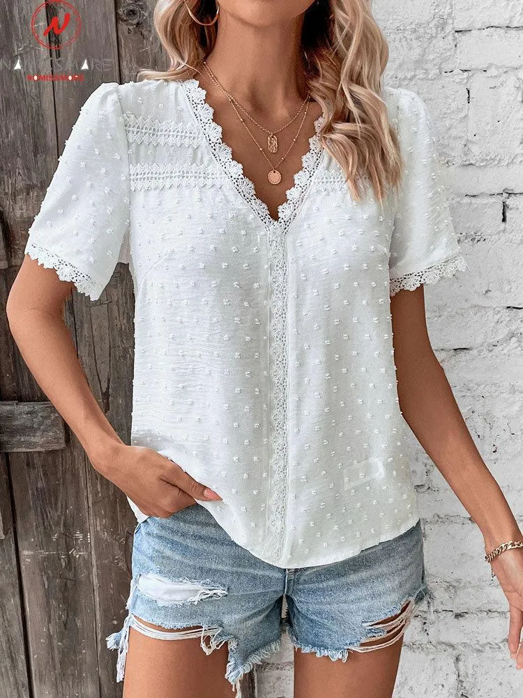 Blouses pour femmes mode femmes été couleur unie Blouse Patchwork Design dentelle décor col en v à manches courtes Jacquard pulls haut