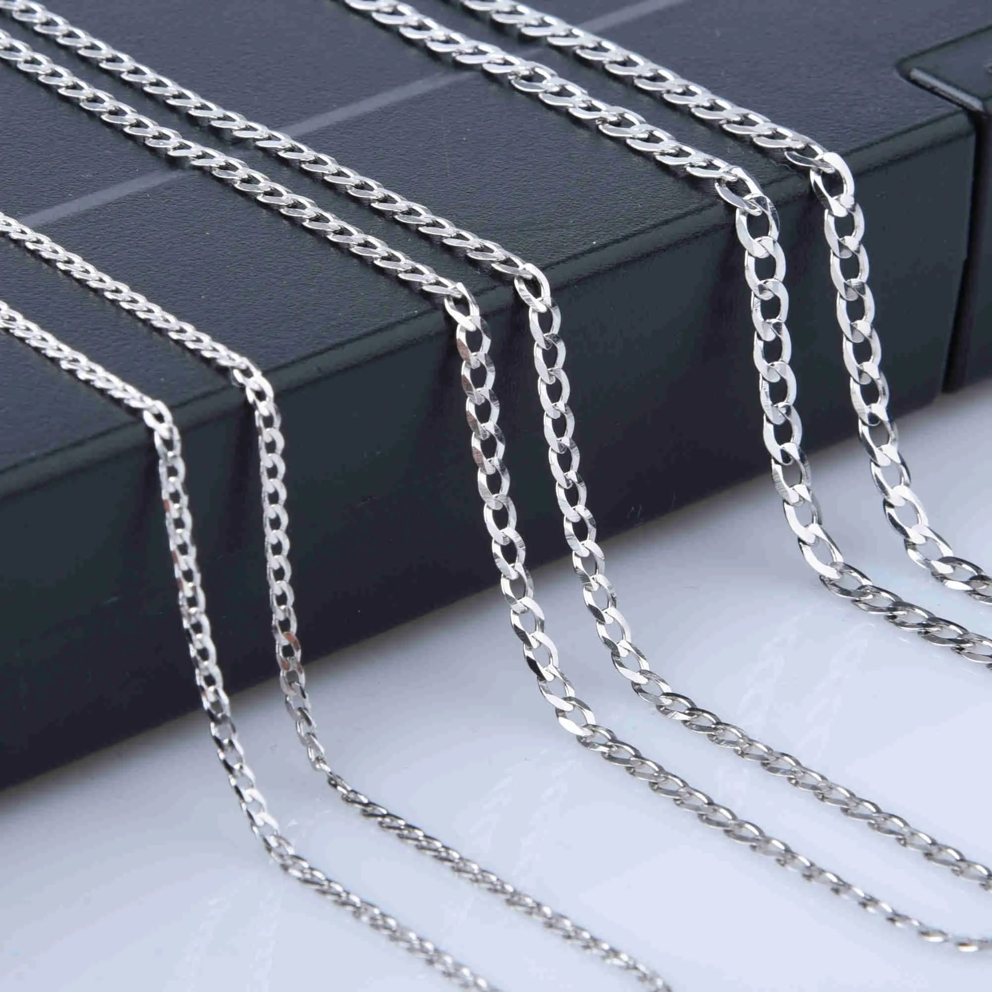 Wholesale 16-20 Inch 925 Sterling Silver Flat Faceted Curb Cuban Link Chains Necklace for Women Men 2mm-8mm Width