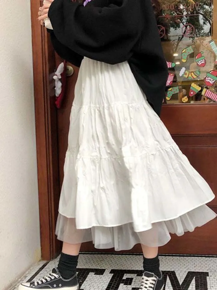 Spódnice długie tiulowe spódnice damskie jesienne elastyczne high talia siatka tutu plisowane spódnice żeńskie czarne białe długie spódnica streetwear 230508