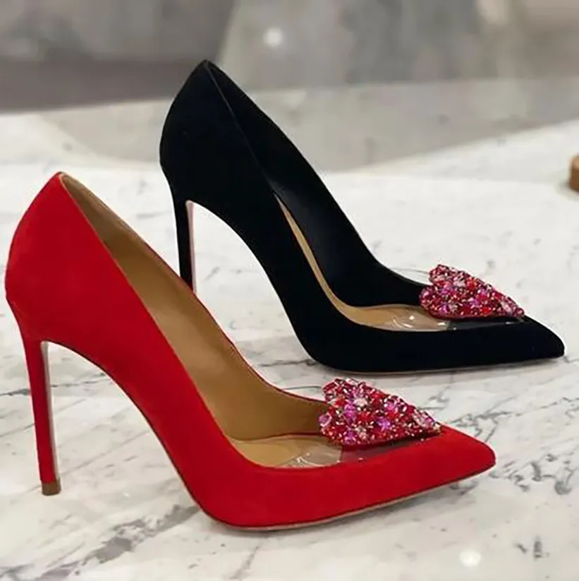 Heart-shaped diamond Crystal Buckle Satin Dress Shoes for womens Square sexy Pointed Toe Rhinestone Buckle Embellished top high heeled Bridal Banquet Sandal shoes
