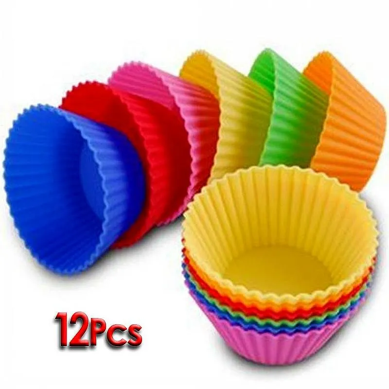 Cake Tools FLST Silicone Round Shape Muffin Cases Cupcake Liner Baking Mold Tray Foundant Decorating Tools- 12pcs