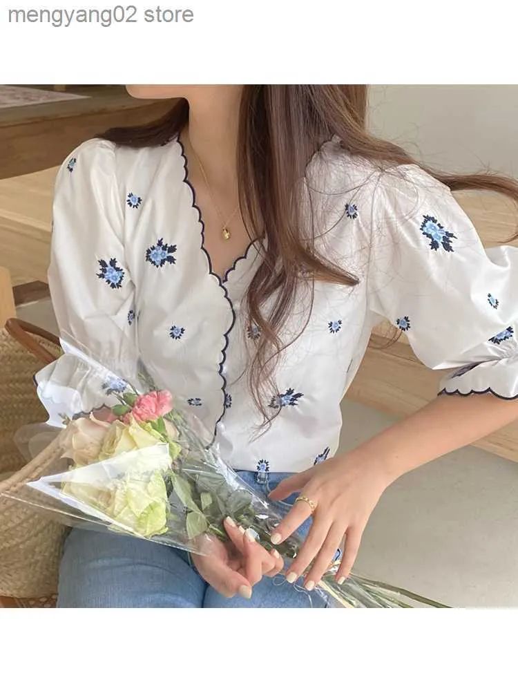 Camicette da donna Camicie Camicia da donna pastorale blu francese Camicetta con scollo a V floreale ricamato Manica corta Camicia da donna con