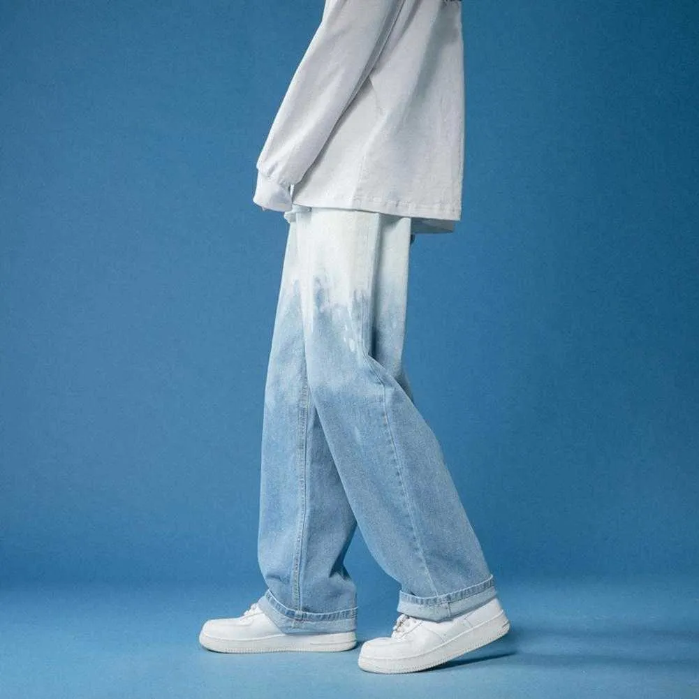 Herr jeans män jeansgradienttiedyebreathablemid midja lång bred ben denim pantsmale stretch hip hop style denim byxor z0508