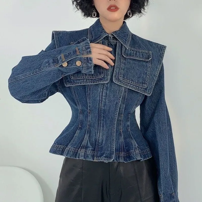 Kvinnors jackor koreanska chic vintage design midja stängde kort denim jacka kvinnor port stil kontor lady wear jean coat marin ledare kvinna jacka 230508