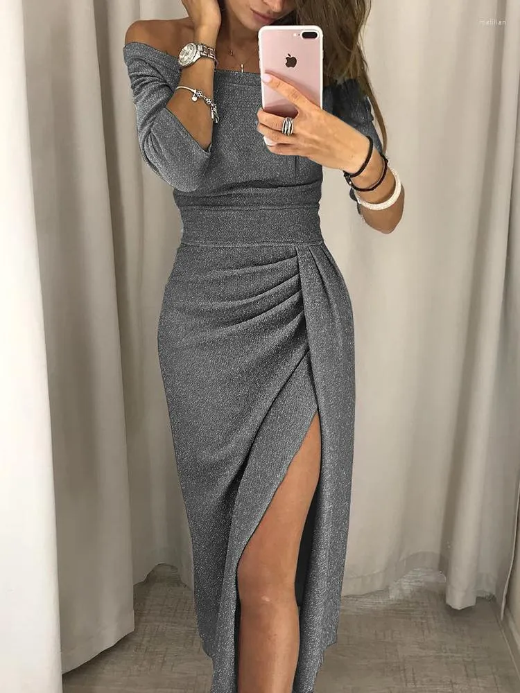 Повседневные платья с длинным рукавом knitte Shiny Off Phoulding Dress Осенняя женщина мода Сексуальная элегантная вечеринка Bodycon Maxi Slight Split