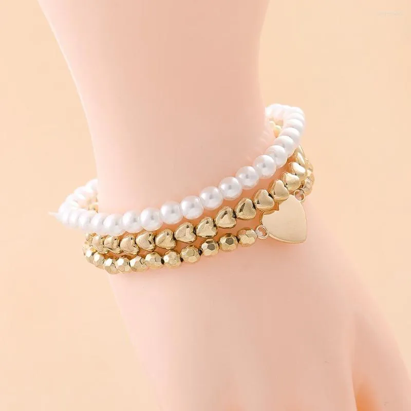 STRAND BOHEMIAN 3PCS/Set Pearl kralen Bracelet Hanmade Woved Gold Color Heart Hand String voor vrouwen Girls 2023 Trend Boho sieraden