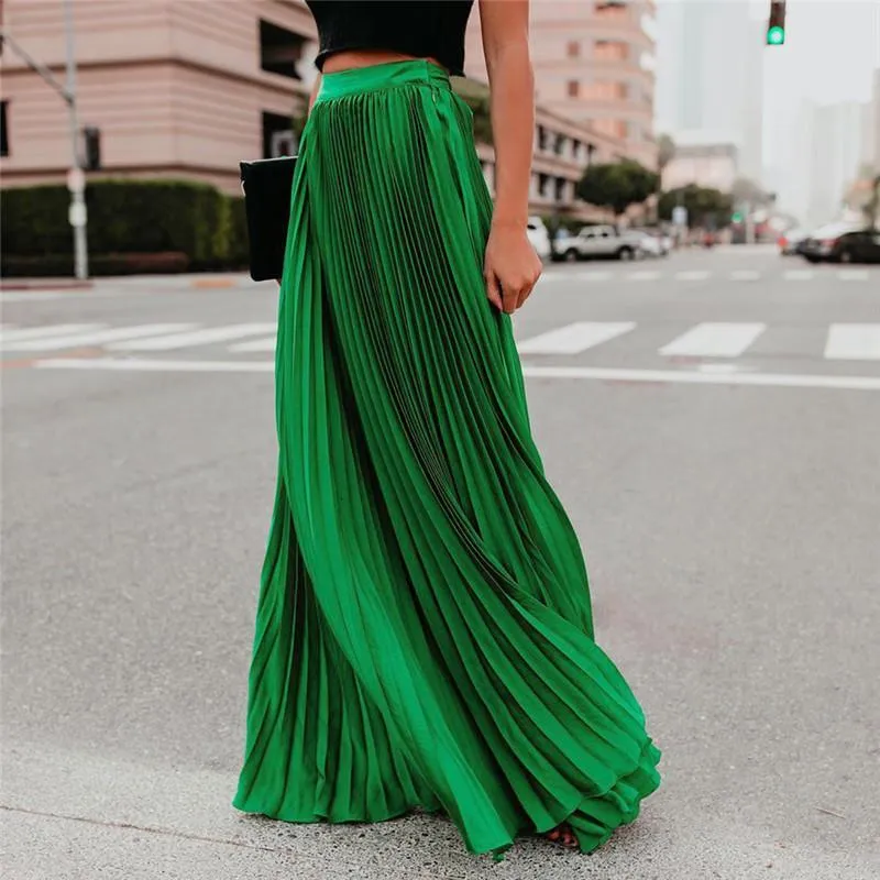 Skirts Pleated Chiffon High Waist Women's Maxi Skirts Floor Length Solid Long Skirt Ladies Loose Green Black Pink Bottoms Female 230508