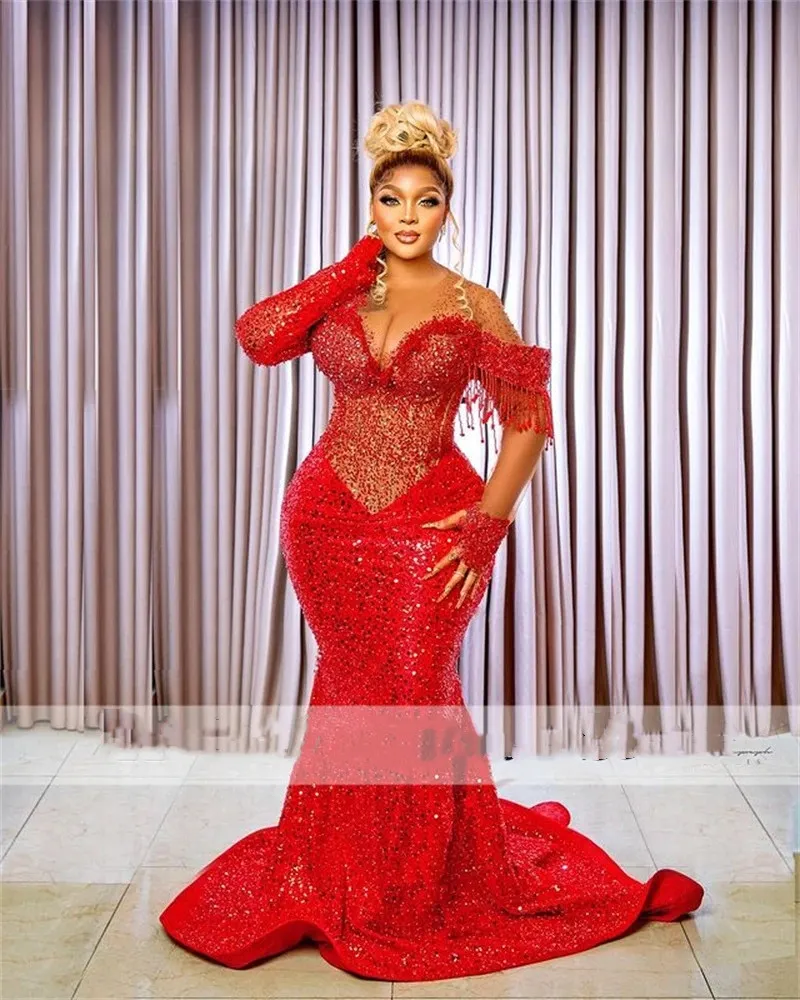 Red Crystal Mermaid Abendkleid 2023 Sheer Neck Long Sleeves Plus Size African Prom Party Kleider 322