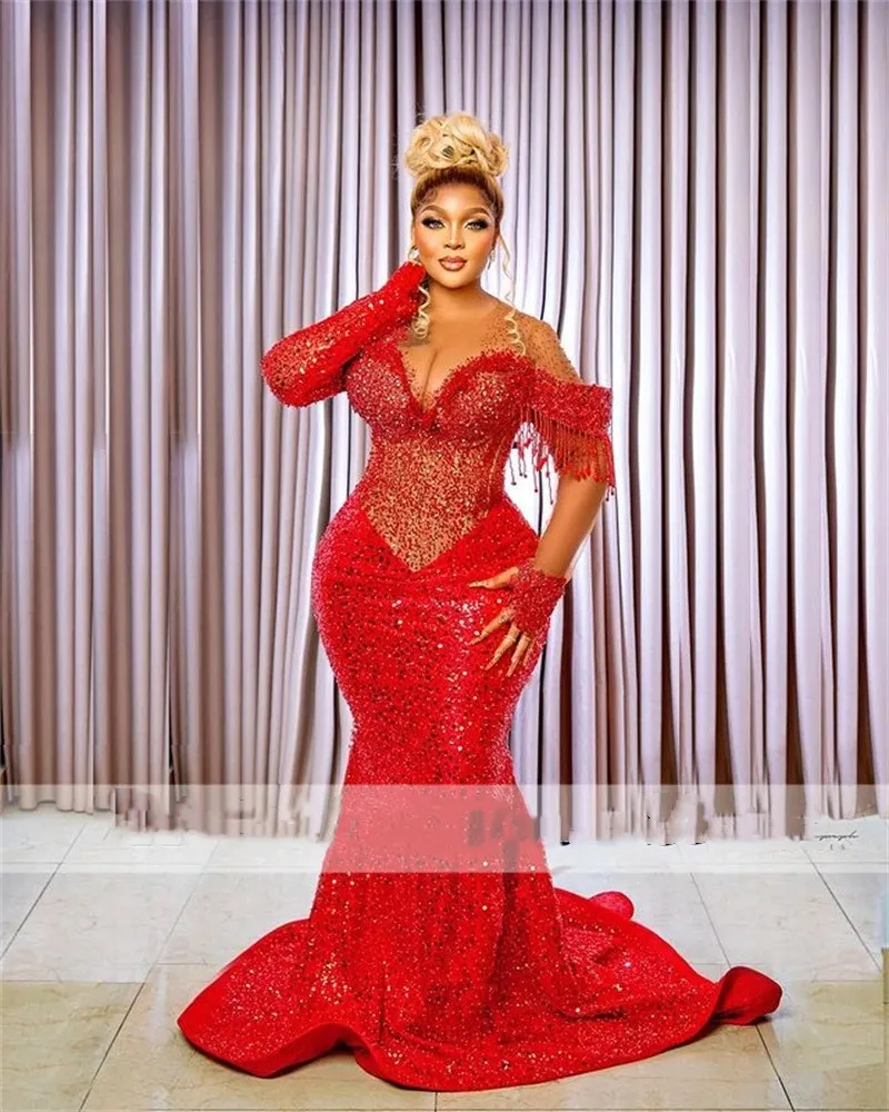 Red Crystal Mermaid Evening Dress 2023 Sheer Neck Long Sleeves