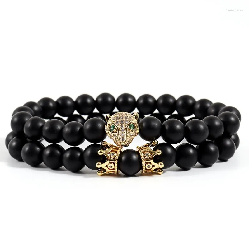 Charm Armbanden Classic 2 stks/set Leopard Crown Armband Mannen Handgemaakte Pave CZ Matte Bead Strand Voor Sieraden Gift