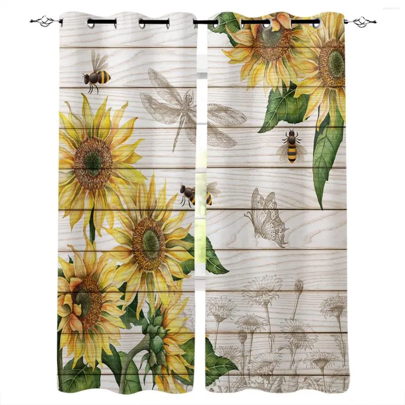 Curtain Sunflower Bee Butterfly Wood Texture Window Curtains For Living Room Bedroom Modern Home Decoration Kid Drapes