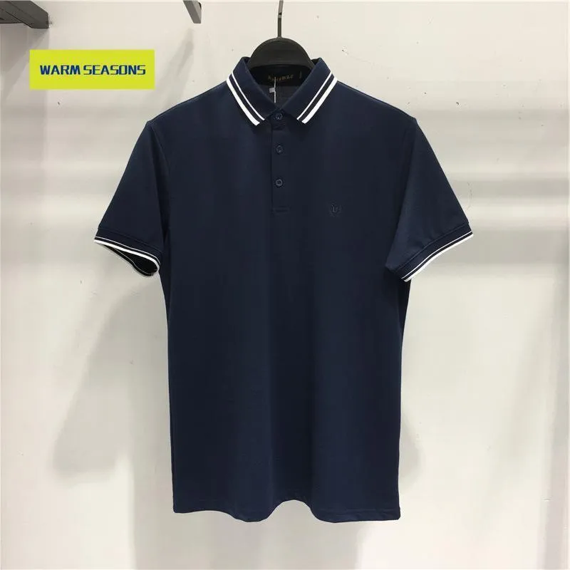 Polos pour hommes 2023 Vêtements d'été Décontracté Jade Soie Bleu marine Chemise à revers simple