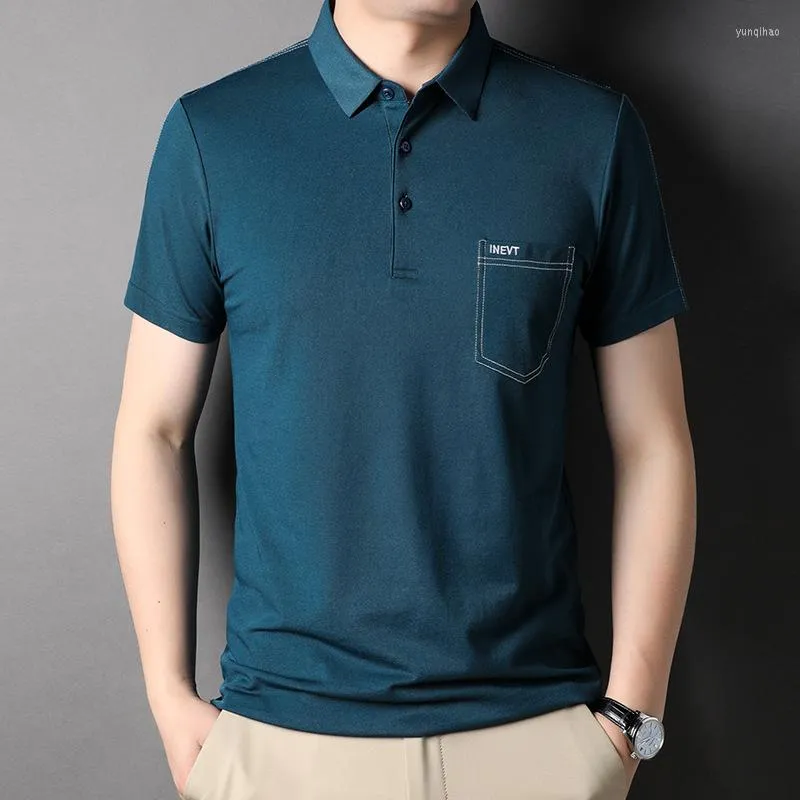 Heren Polo's Zomer Mulberry Silk Heren Short Sleeveved T-shirt Revers met zakken Fashion Embroidery Cool Ademen Polo Shirt