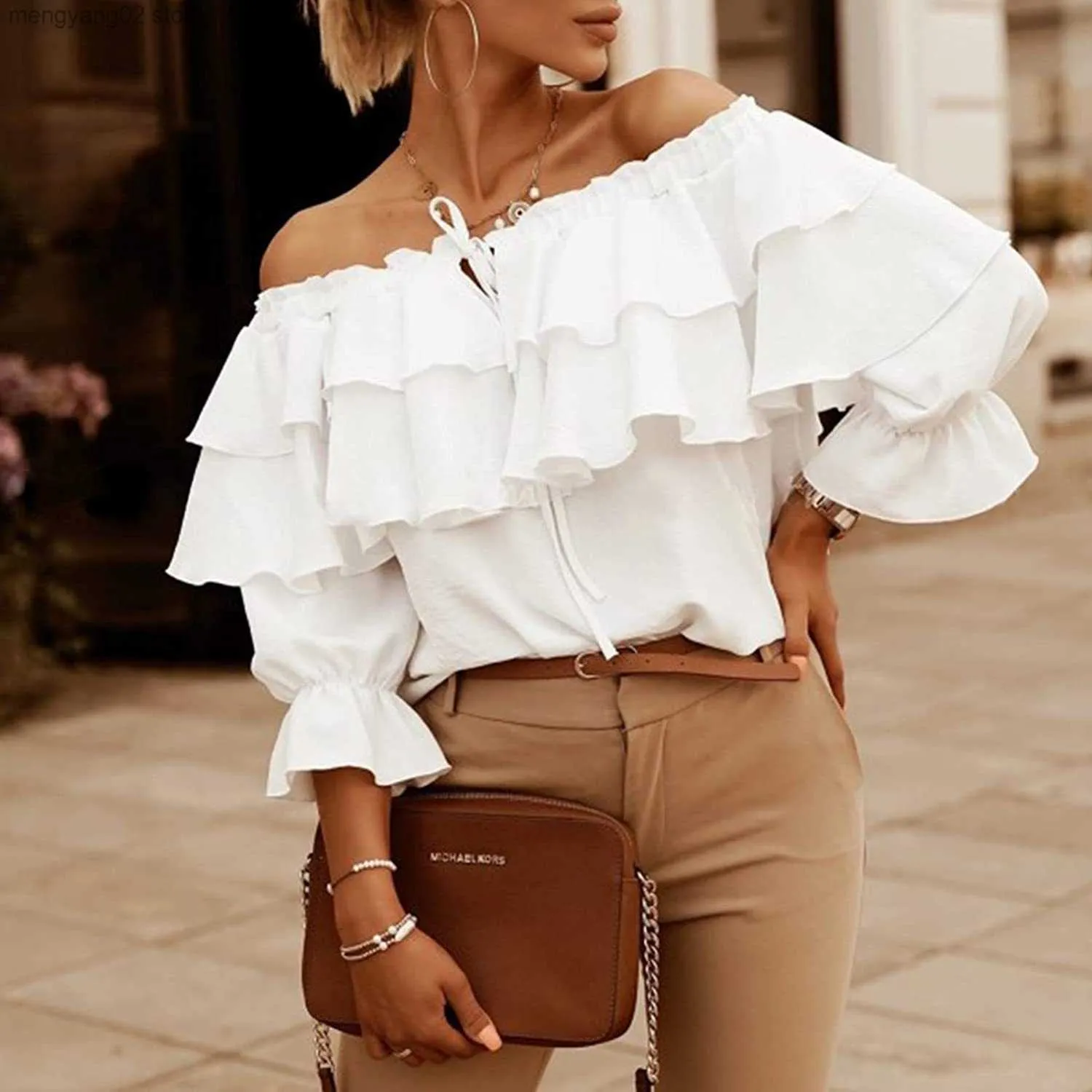 Blouses -shirts voor dames 2023 Spring Chiffon Women's Blouses Off the Shoulder Ruffle Elegante witte shirts vrouwelijke zomer elegant modekantoor dames top t230508