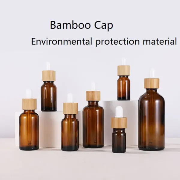 Amber Glass Dropper Bottle With Bamboo Lids Essential Oils Bottles Sample Vials For Perfume Cosmetic Liquids 15ml 20ml 30ml 50ml 100ml