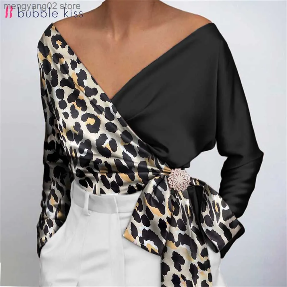 Bloups feminina camisas Bubblekiss Satin Blusa Mulheres Moda Moda Elegante Camisas Femininas Blouses de retalhos de leopardo Sexy Deep V pescoço de manga comprida Tops com cinto T230508