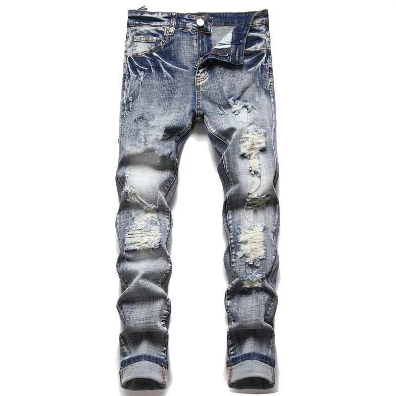 Designer men jeans pants mens Men's Jean Long Zipper Fly Hole Patchwork Ripped For Trend Brand Motorcycle Pant Mens Skinny