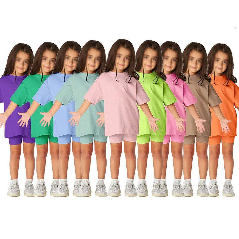 Sets Suits Custom Summer Essential Kids Baby Girls Clothes 2 Pieces Tracksuit Set Short Sleeve Cotton T shirt Leggins Shorts Outfits Suit 230508