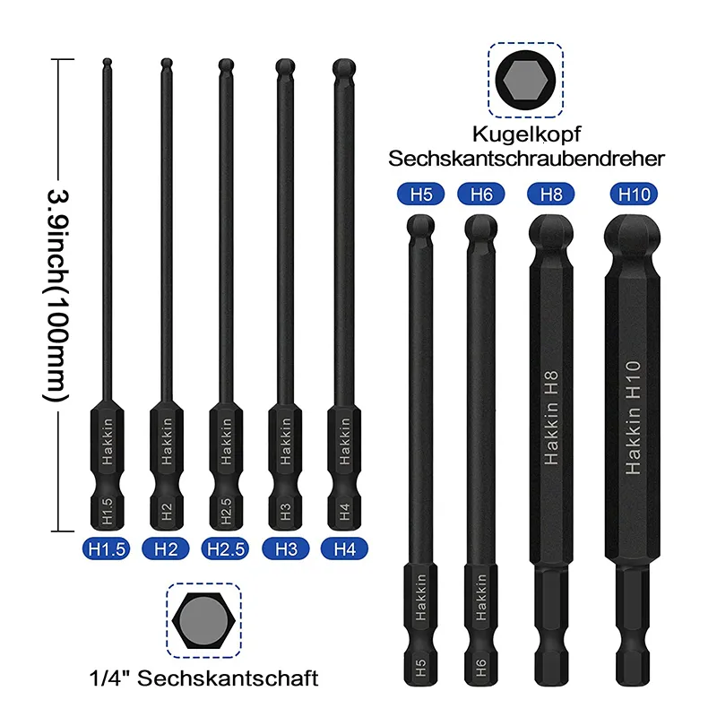 9-Piece Ball End Hex Screwdriver Bit Set - 1.5mm To 10mm Magnetic Tips With 1/4 Inch Hex Shank