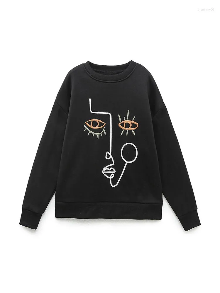 Women's Hoodies 2023 Fashion Women Clothing High Street Long Sleeve Face Embroidery Pullover Sweatshirt Round Neck Black Loose Casual