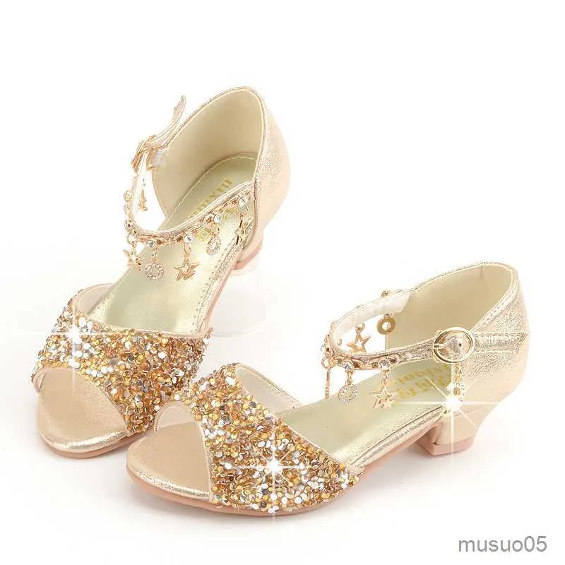 Sandals Shiny Bling Tassel Children's Golden Sandals Girl Shoes with Heels Gold Sequin Girls Sandal Heeled Nice Party Formal Dress Shoe