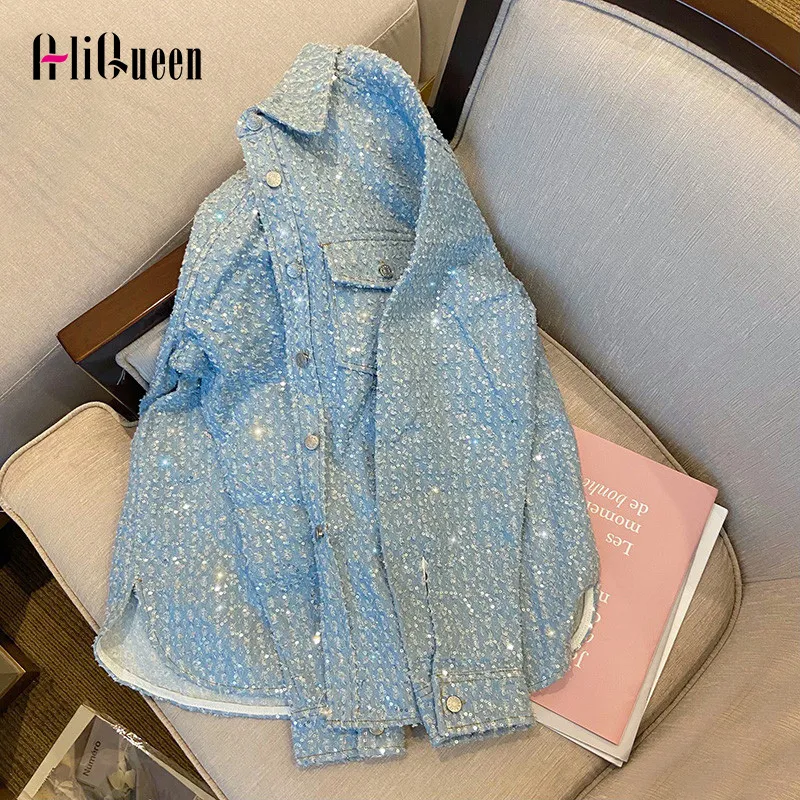 Women's Jackets Korean Shiny Sequins Jean Jacket Women Denim Jackets Female Vintage Loose Frayed Denim Coat Girls Casual Outwear Woman Jacket 230508