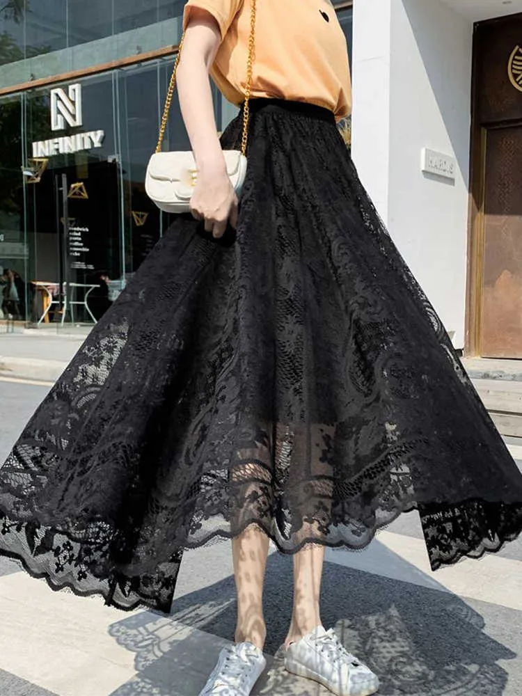 Korean Fashion Lace Crochet A Line Black Lace Skirt For Women Chic