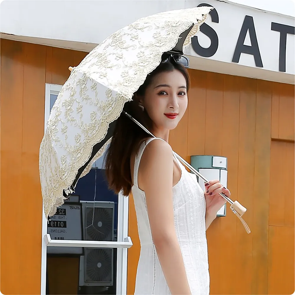Parapluies Parapluie manuel en dentelle brodée, revêtement noir, Protection UV, parapluies pour femmes, Mini parapluie pliant Portable, cadeaux 230508