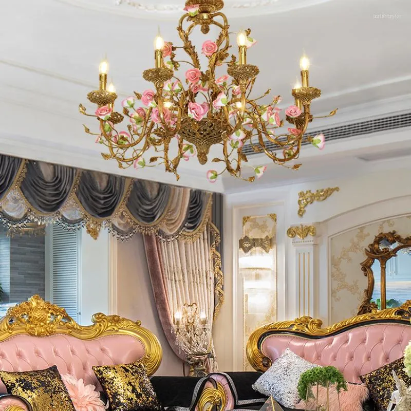 Lampade a sospensione Lampadario di fiori in ceramica Camera da letto Villa romantica creativa Soggiorno Sala da pranzo Rosa rame