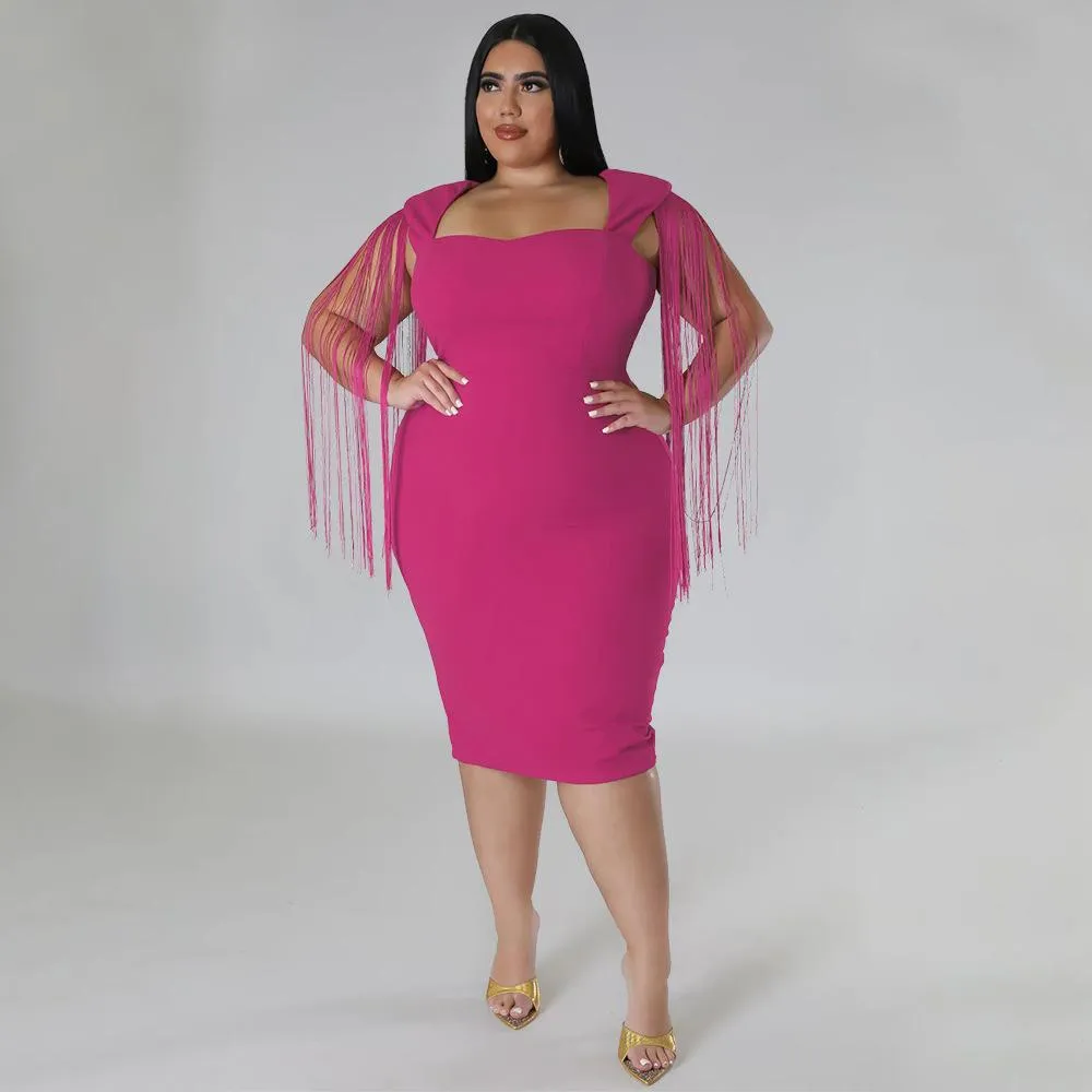 Tops Plus Size Long Tassel Slim Party Dress Short Sleeve Bodycon Elegant Knee Length Vestidos Night Club Birthday Banquet Robes 2023