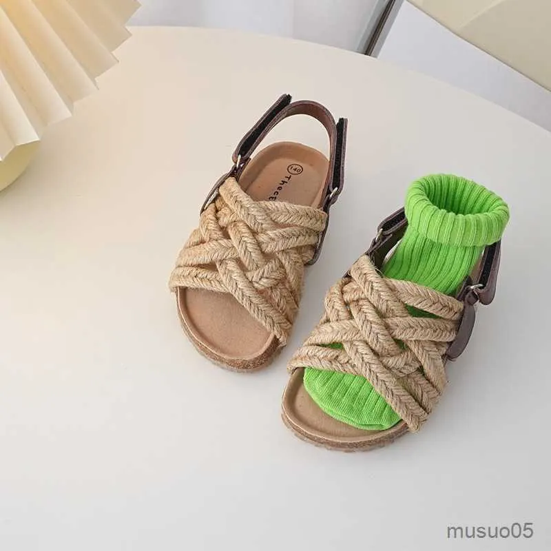 Handmade Hemp Rope Sandals For Kids Wood Bran Cork Baby Girl Shoes