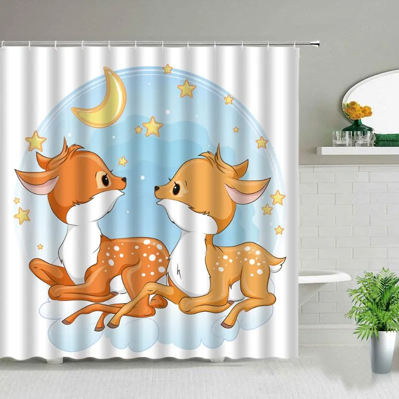Duş perdeleri çocuk perdesi seti sevimli karikatürler çift geyik su geçirmez banyo küvet dekor polyester kumaş kancalar