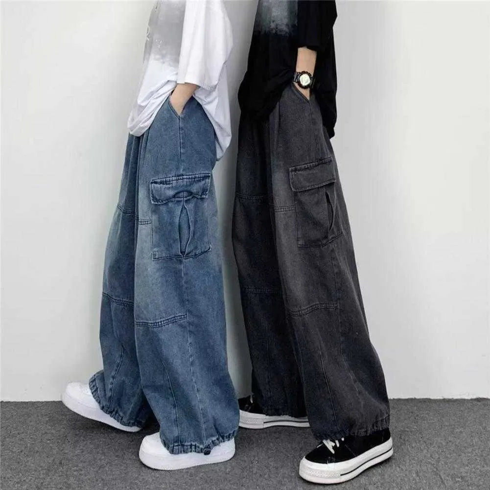 Heren jeans populaire mannen denim broek bodems baggy lading jeans stevige kleur ontspannen fit midden taille denim broek streetwear z0508