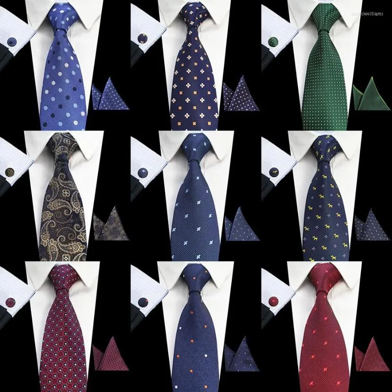 Pajaritas clásicas de 8 cm con estampado de puntos a rayas a cuadros, pañuelo y gemelos, conjunto de cuello informal para hombre para regalo de fiesta de boda, corbata de oficina