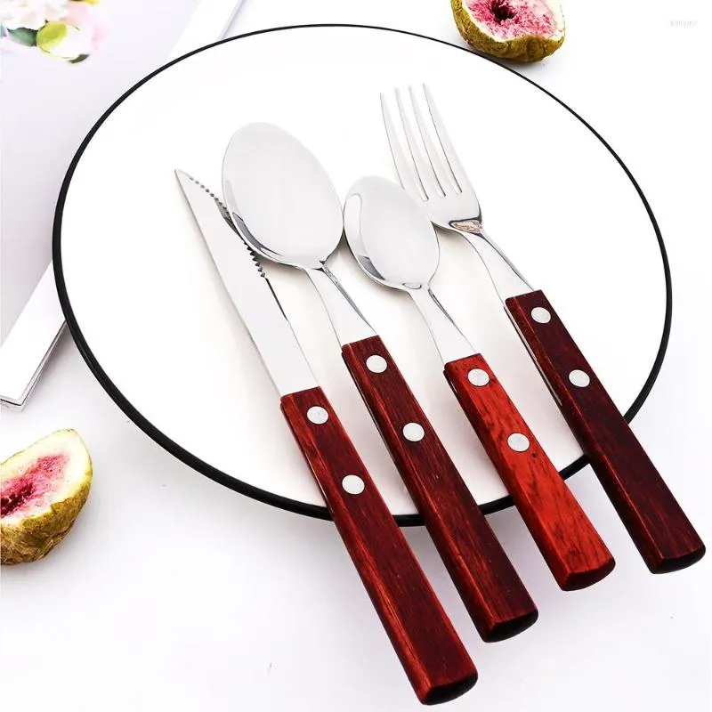 Flatvaruuppsättningar 4/8/16/24 Bestick Set Red Woodle Silver Moderny 304 Rostfritt stål Tabeller Västra knivgaffelsked