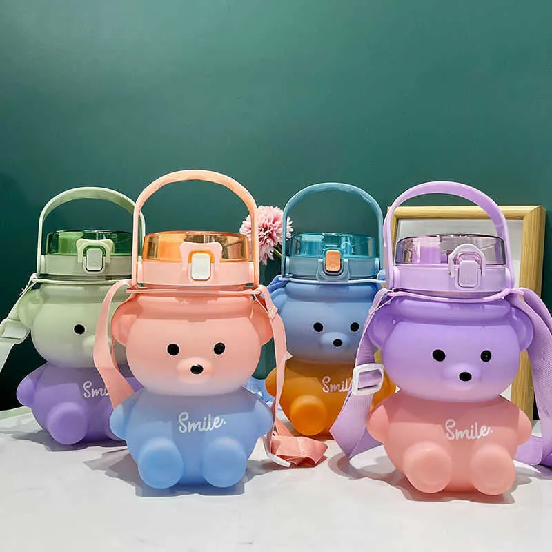 New 1100ml Gradient Bear Double Drinking Straw Cup High Volume Water Glasses with Straps Heat-resistant Plastic Cup for Children