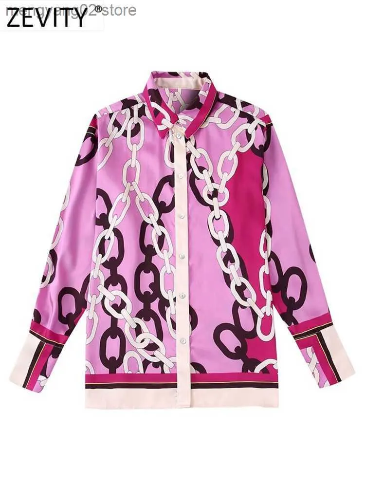Zevity Vintage Crystal Chain Print Satin Blouse For Women Color 