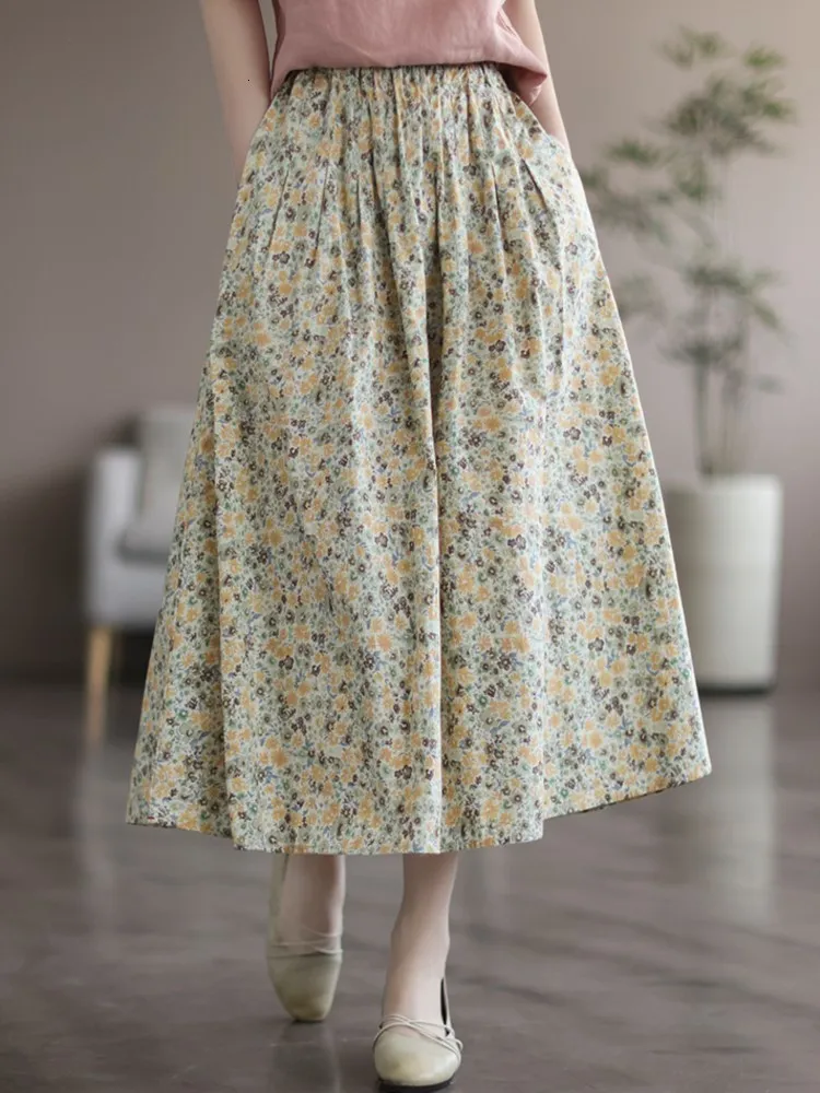 Jupes Johnature femmes Vintage imprimé Floral jupes taille élastique doux vêtements été coton lin femmes décontracté a-ligne jupes 230508