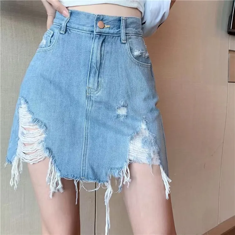 Women's Jeans Dress Sexy Women Denim Shorts High Waist Skirts Summer Fashion Pants Skirt Ripped Ladies Vintage Jean Femme Skinny One-piece Skirt Size S-2XL