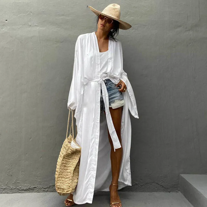 Cover-ups Solid Beach Cover Up Women Self Belted Wrap Kimono Dress Swimsuit Robe Summer Beachwear Factory Supply 230508