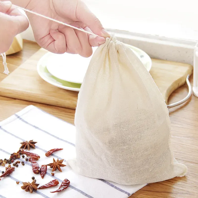 100 Pièces Cuisine Alimentaire Mousseline Coton Stockage Sacs À Cordon Vide Filtre À Thé Sachet Multi Taille Savon Cuisson Étamine Poche En Gros s